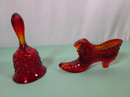 Lot Of 2 Fenton Ruby Red Hobnail Cat Panther Shoe And Hobnail bell