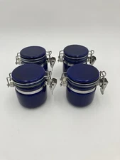 Vintage Oggi 2.5 Inch Mini Canisters Clamp Tight Lids Ceramic Set of 4 Blue