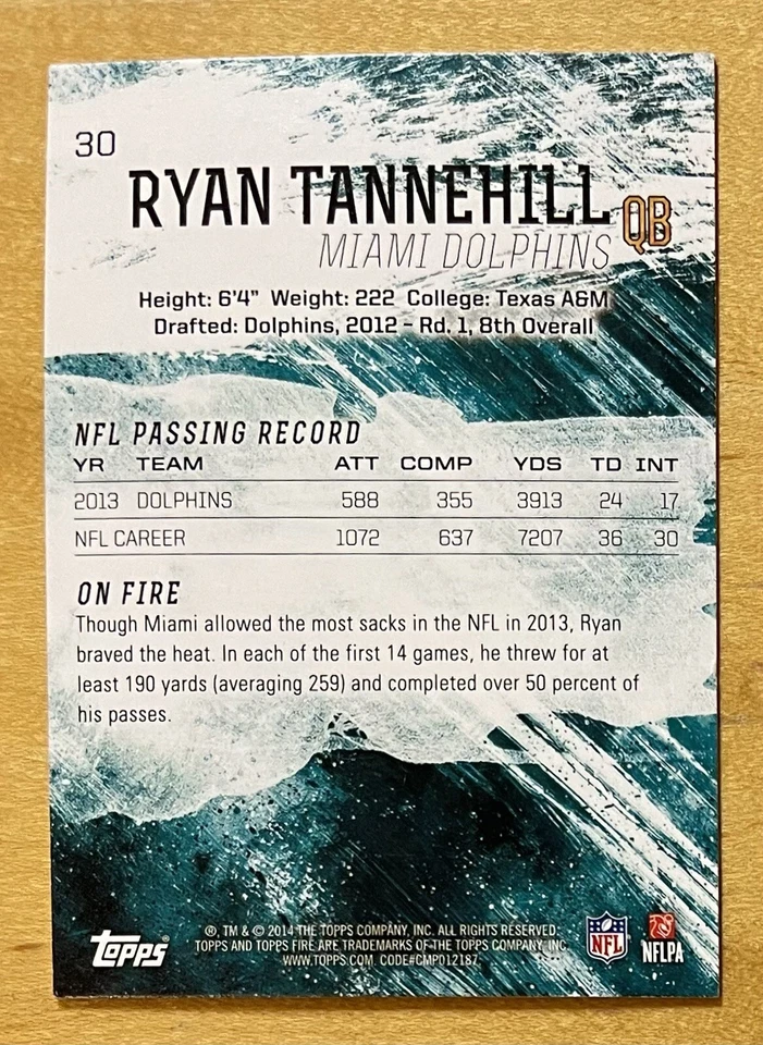 Ryan Tannehill 2014 Topps Fire Football #30 Miami Dolphins NM+ - Image 2 of 3
