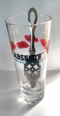 ABSINTHE Liqueur Highball 6.5'' Tall hand painted Clear Glass With Slotted Spoon