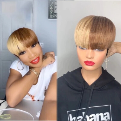 Pixie Cut Short Cut Real Human Hair Wigs Black Half Brown Half