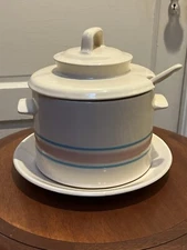 Vintage McCoy Soup Tureen Crock Ivory, Blue Pink Stripe Ladle Lid Plate #0164 LN