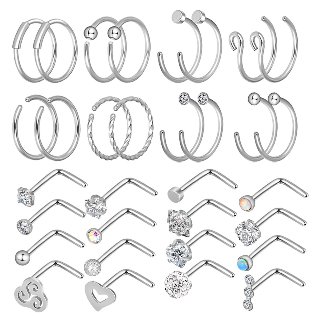 32 PCS CZ Nose Hoop Rings - L-Shaped 20G Surgical Steel Studs With Cubic Zirconia 13 thumbnail image