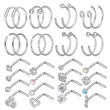 2-32PCS CZ Nose Hoop Ring L-Shaped Surgical Steel Pin Lip Ear Studs Piercing 20G