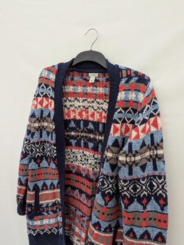 L L Bean Cardigan Womens Large Aztec Heavy Ragg Sweater Longline Jumper L 90s - Picture 2 of 8