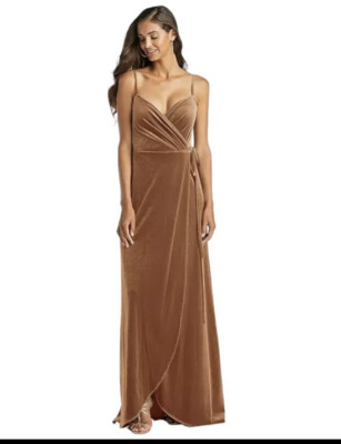 After Six 1536 Golden Almond Tan Velvet Wrap Maxi Evening Dress Pockets Nwt M