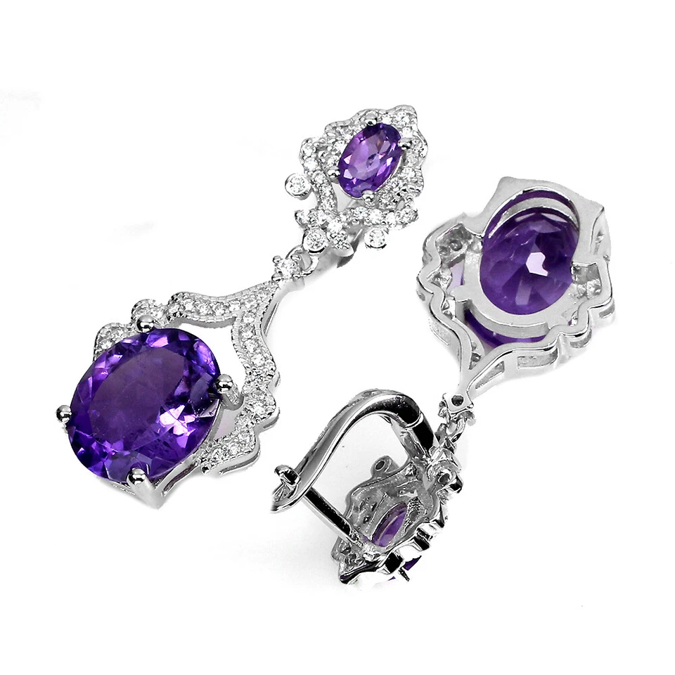 Pendientes de plata de ley 925 amatista ovalada 12x10 mm joyas de piedras preciosas naturales Foto 3 de 4