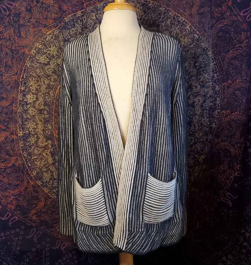 Simply Vera Vera Wang Blue & Ivory Stripe Open Front Cardigan Sweater  Womens M