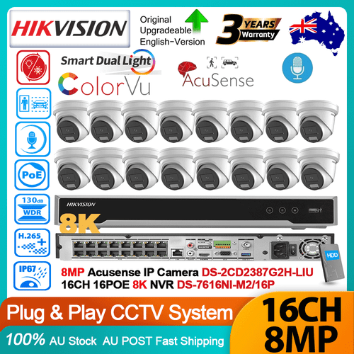 Hikvision 16CH 8K NVR 4K 8MP ColorVu Dual Light Acusense IP Camera CCTV System