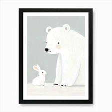 Polar Bear And Rabbit, Nursery Wall Framed Wall Art Poster Canvas Print Picture