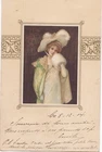 Old postcard fantasy gold painting with woman, hat, dress & sleeve white WISHES1904
