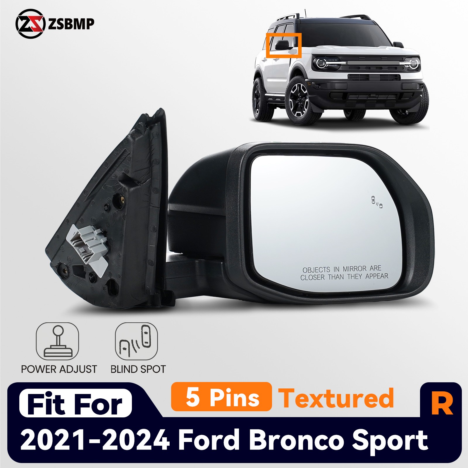 Right Side Mirror For 2021-2024 Ford Bronco Sport W/Blind Spot W/o Heated 5 Pins