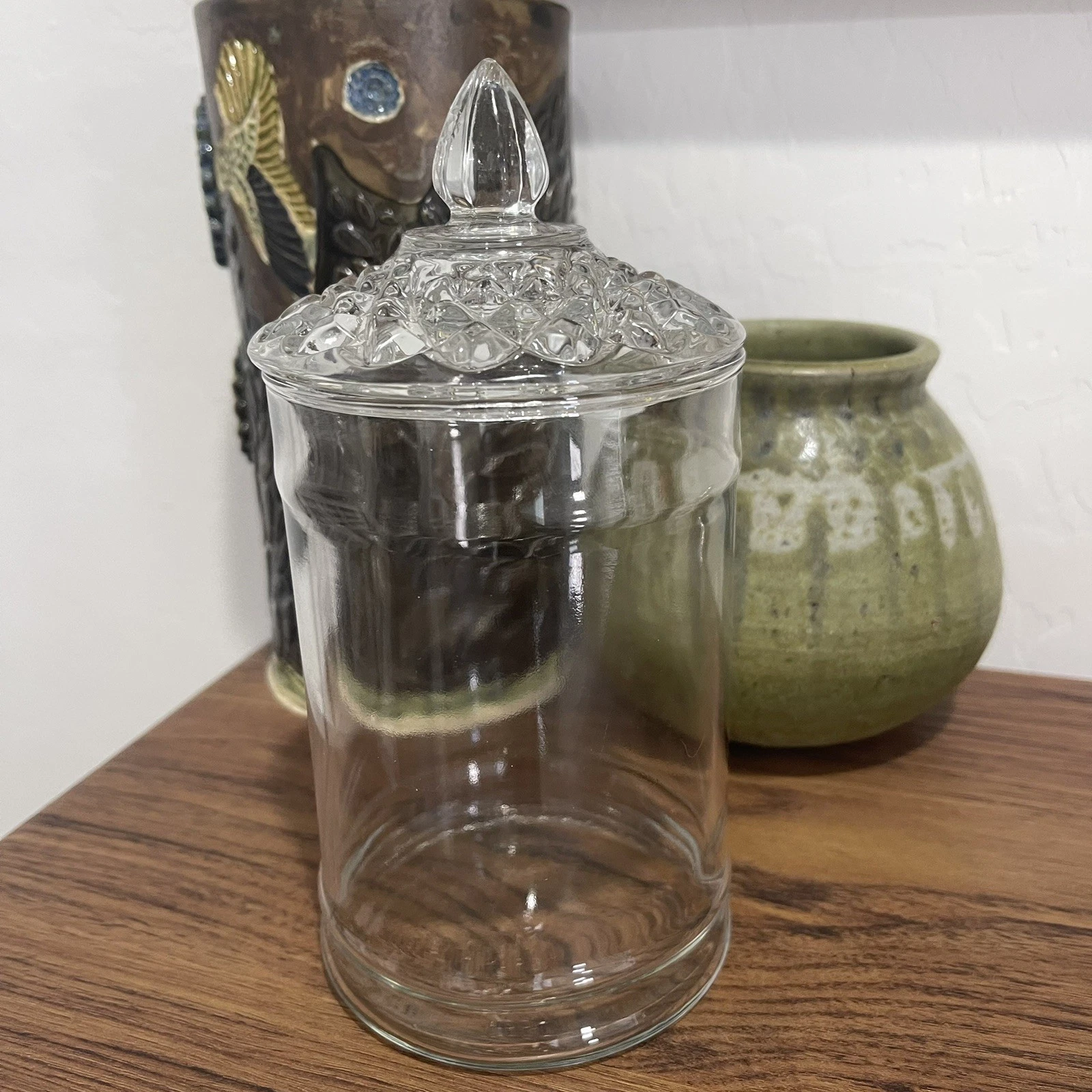 Antique Mold Blown Glass Store Jar / Apothecary Candy Jar w Pressed Glass Lid