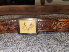Men's Tooled Belt With Buckle Sz 37in Center Hole Fair Condition