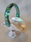 Fenton Hand Painted White Opalescent Glass Mini Basket With Green Handle Signed
