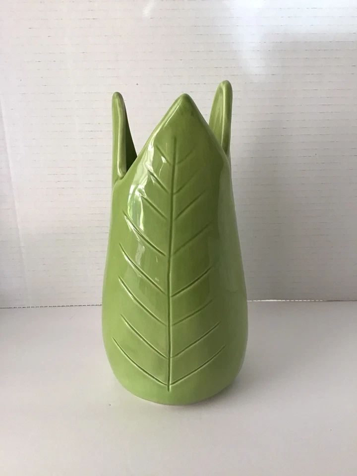 "Florero Pottery Barn verde hoja de plátano selva tropical cerámica 9""" Foto 3 de 4