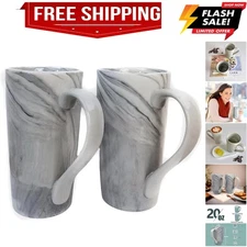 20 OZ Large Coffee Mugs, Grey Marble Ceramic Tall Beer Cups with Handle Set o...