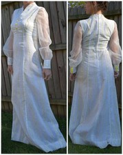 Vintage 1970s Handmade Maxi Dress Sheer Puff Sleeves W Prairie DAMAGED S