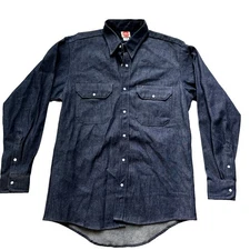 Red Kap Denim Work Shirt Long Sleeve Button Up Dark Wash Pockets