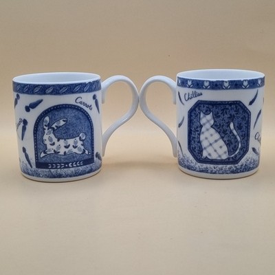 Crown Trent Tassen x 2 - Katze & Kaninchen Bone China Tassen selten sehr guter Zustand