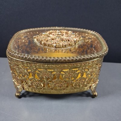Vtg Gold Metal & Glass Ormolu Footed Filigree Jewelry Trinket Box Hinged vanity