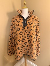 Simply Southern Sherpa Leopard Print Pullover Quarter Zip Size XL Women's