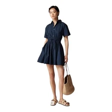 J Crew Navy Blue Elena Mini Shirt Dress in Cotton Poplin Fit Flare Womens Size 4