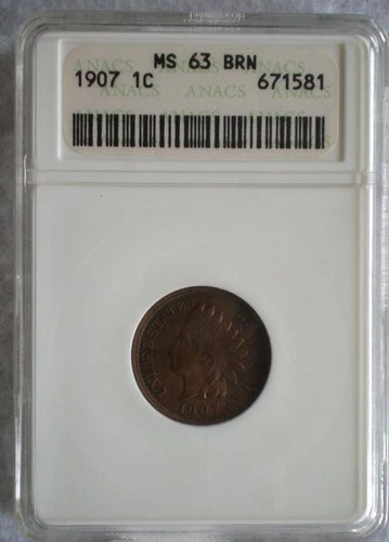 1907 Indian Head Cent. ANACS MS 63 BRN