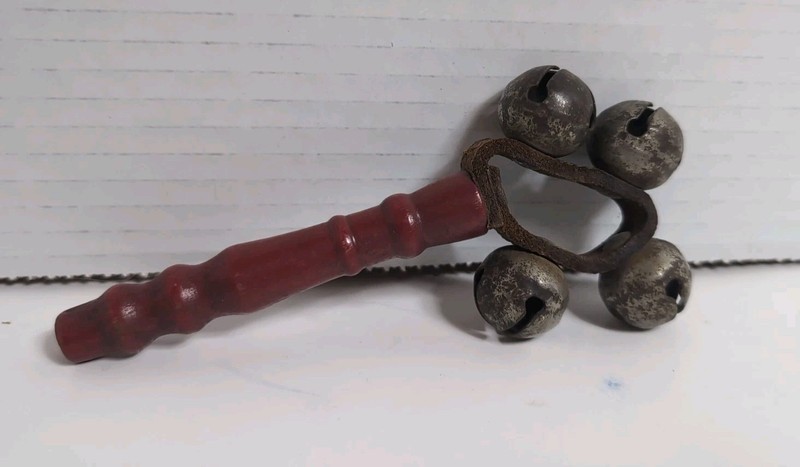 Antique Victorian Baby Rattle Wood Leather 4 Jingle Sleigh Bells 5 1/2"