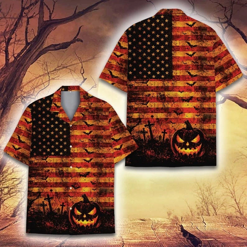 Halloween US American Flag Hawaiian Shirt Spooky Pumpkin Cemetery Aloha Shirt