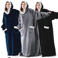 Extra-Long Fleece Oversized Wearable Hoodie Blanket Winter Big Hooded Sweatshirt