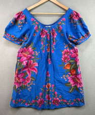 Farm Rio Dress Small Linen Blend Blue Summer Fruit Euroflax $210 [FLAW NO BELT]