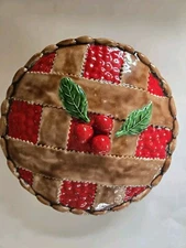 Vintage Sanor Ceramic Cherry Pie Plate Keeper Dish Lattice leaves w/lid 