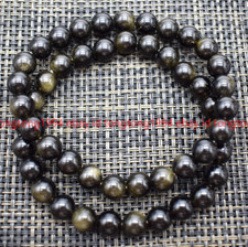 Atemberaubend 2Stück 6/8/10mm Gold Obsidian Runde Edelstein Perlen Armband 19cm