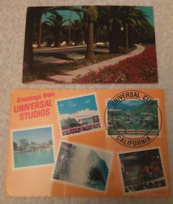 2 KARTEN;60/80er Jahre;CALIFORNIA;UNIVERSAL STUDIOS;JAWS;PALMEN;BLANCHE STUART SCOTT BRIEFMARKE