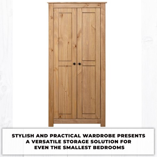 Wooden Wardrobe 2-Door Clothes Cabinet Closet Storage Solid Pine Wood - Brown - Picture 2 of 8