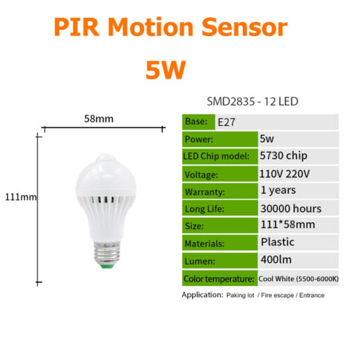 LED PIR Motion Sensor Bulb Sound Sensor Bulbs Stairs Night Light 3W 5W 7W 9W 12W - Picture 13 of 20