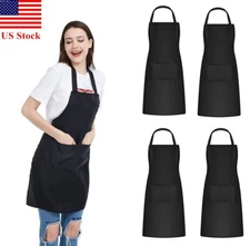 4PCS Waterproof Chef Apron Black Catering Cooking Kitchen Butcher with Pocket US
