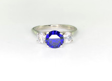 Blue and White Cubic Zirconia Sterling Silver Three Stone Ring Size 9.5