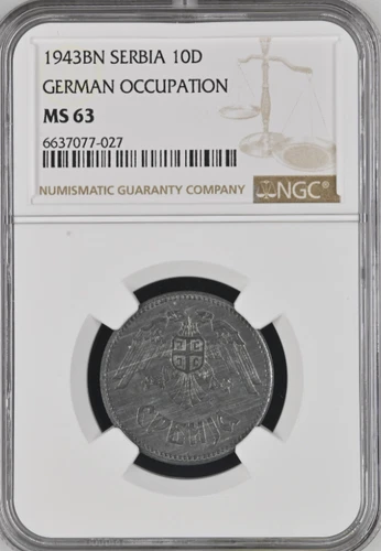SERBIA 10 DINARA 1943 GERMAN OCCUPATION NGC MS 63