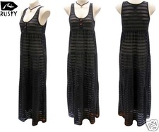 Rusty Ladies Black Maxi Dress Size 12 Long Net Gypsy Surf Beach Wear New RRP$90