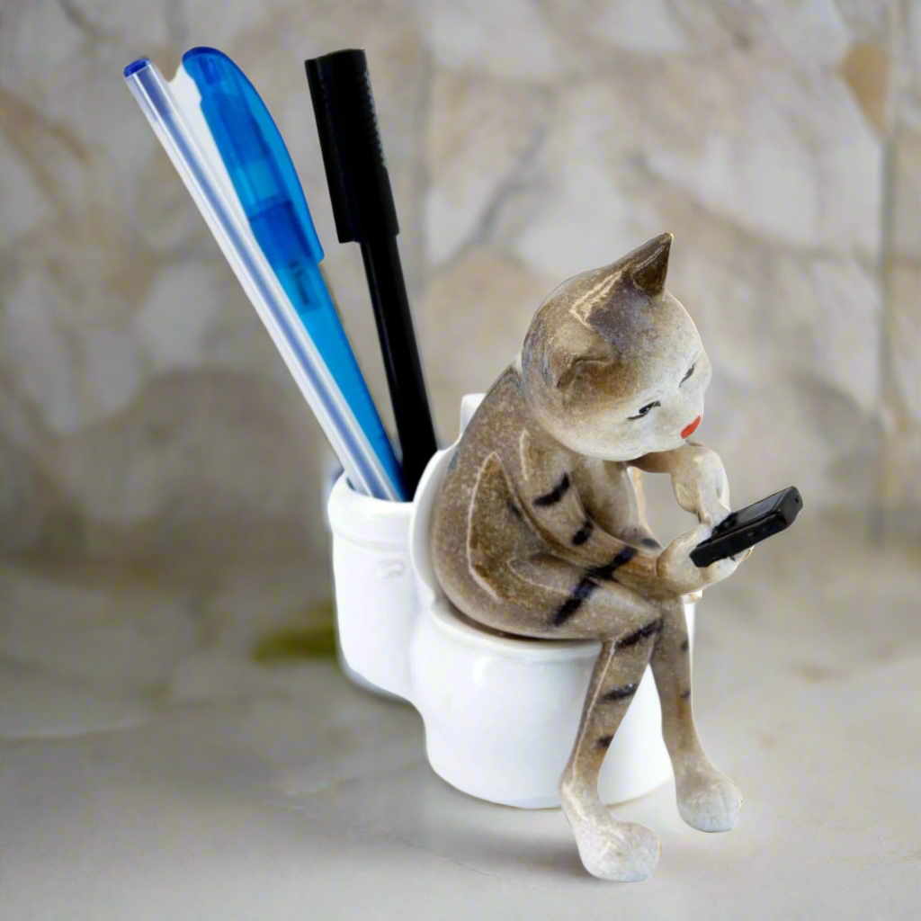 Ceramic Grey Fat Cat Shelf Sitter Ornament Pen Holder Sculpture Figurine Gift
