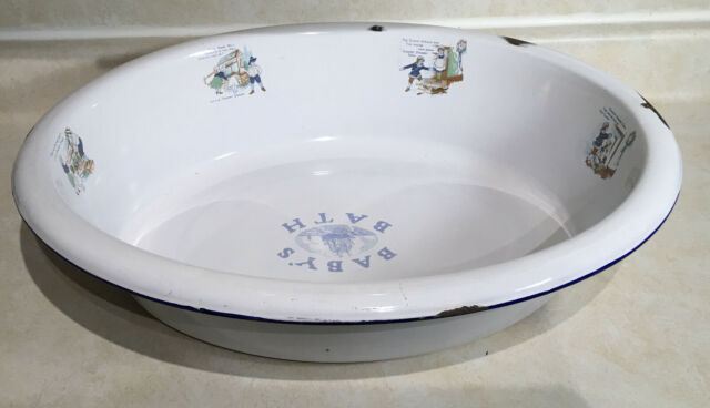 Enamel Ware Nursery Rhyme Plate, Vintage Enamelware Baby Bathtub