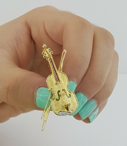 Diamond & Ruby Violin Brooch Pin / Pendant 6.7 grams 0.35 ct 18K Yellow Gold - Picture 3 of 10