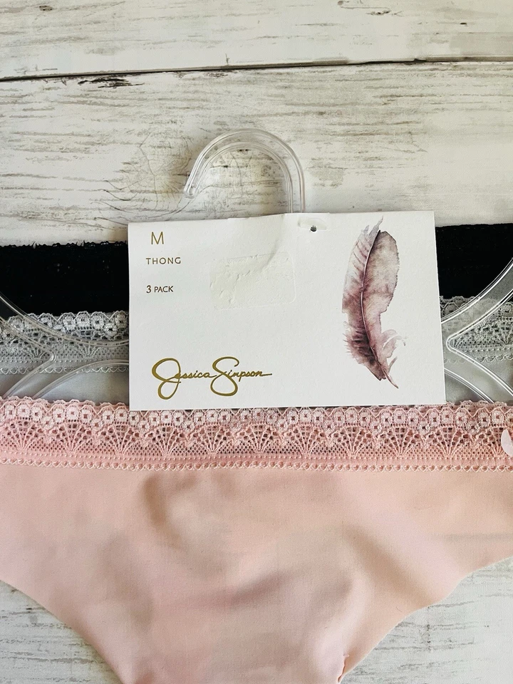 NUEVO CON ETIQUETAS Jessica Simpson Tanga Ribete Encaje Ropa Interior Rosa Gris Negro Talla Mediana Foto 2 de 3