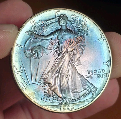 1992 American Silver Eagle Monster Blueberry Color Amazingly Toned BU Coin