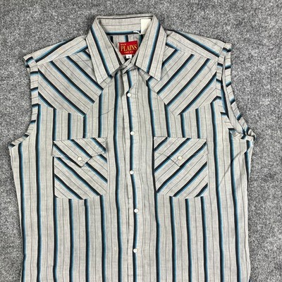 Ely Plains Shirt Mens Size S Gray Western Sleeveless Striped Pearl Snap Vintage