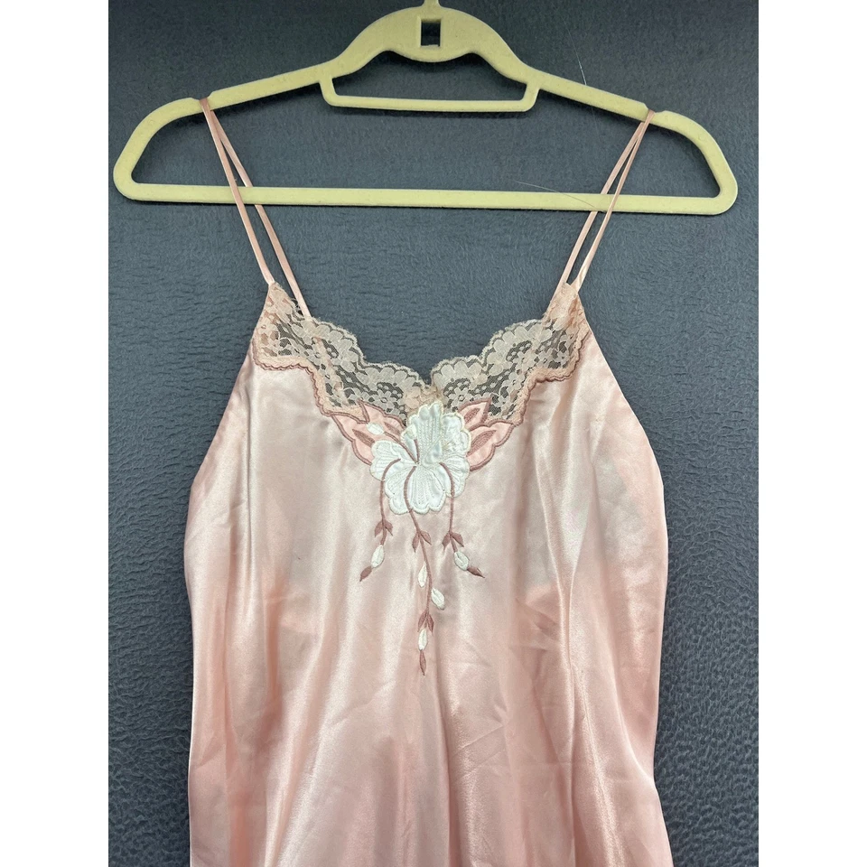 De Colección Camisón de Seda y Satén Mediano Largo Floral Bordado Encaje Rosa Vestido sin Mangas Foto 2 de 4