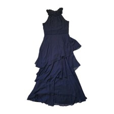 Alex Evenings Navy Floral Neck Tiered Chiffon Maxi Dress Sleeveless Size 8 EUC