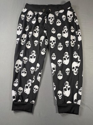 Coco Limon Pants Womens Large Black Skull Print Joggers Drawstring Goth Grunge